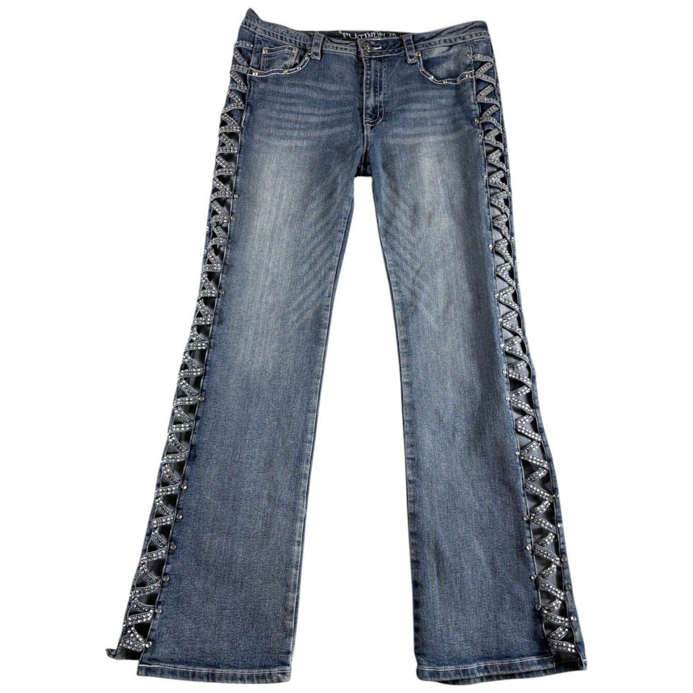 Platinum Plush Jeans Women 13 Blue Washed Y2K Rhinestone Cutout Bootcut Vintage